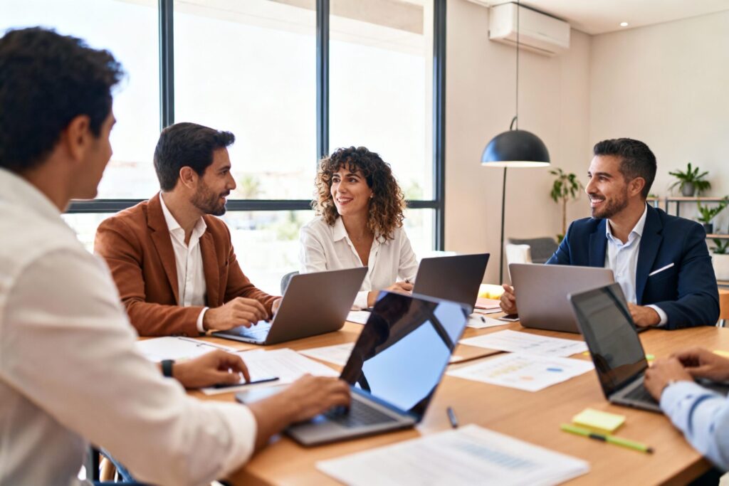 Grupo de profesionales reunidos en una sala de reuniones organizando la mudanza de oficina.