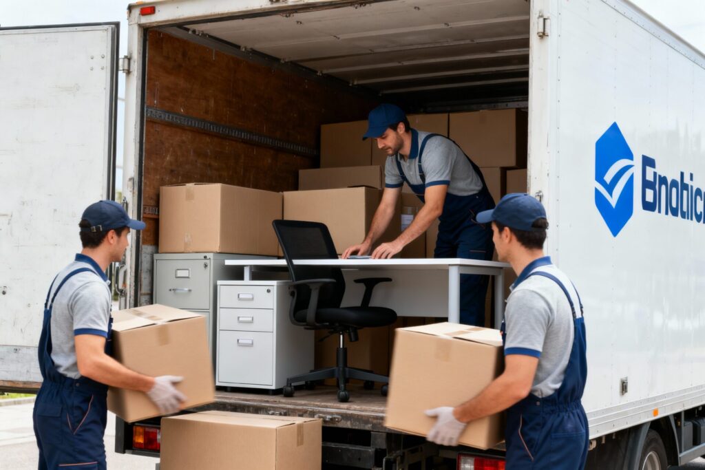 Equipo de mudanzas cargando cajas de oficina en una camioneta