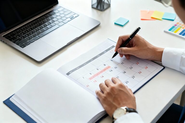 Calendario y portátil sobre una mesa de oficina con manos señalando fechas clave de una mudanza.