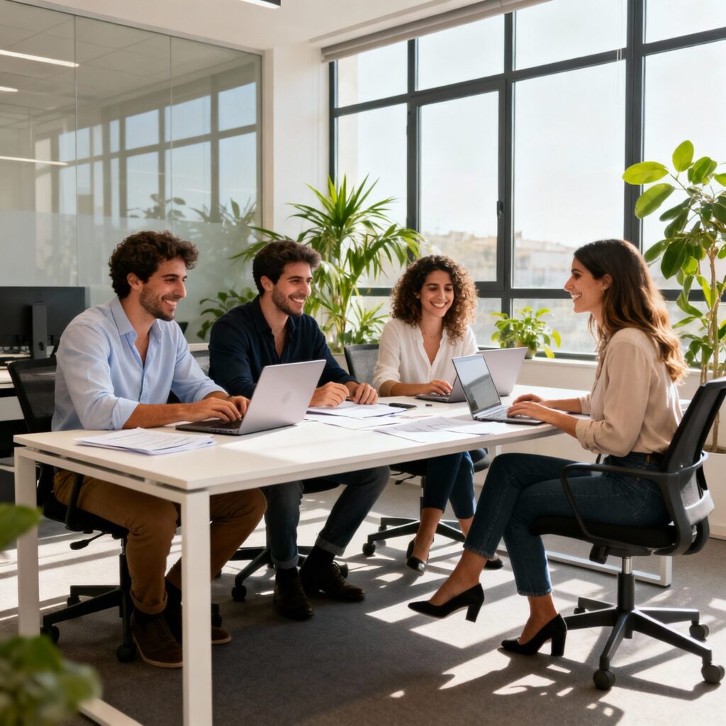 Equip de joves professionals treballant junts en una oficina moderna i amb molta llum amb ordinadors portàtils.