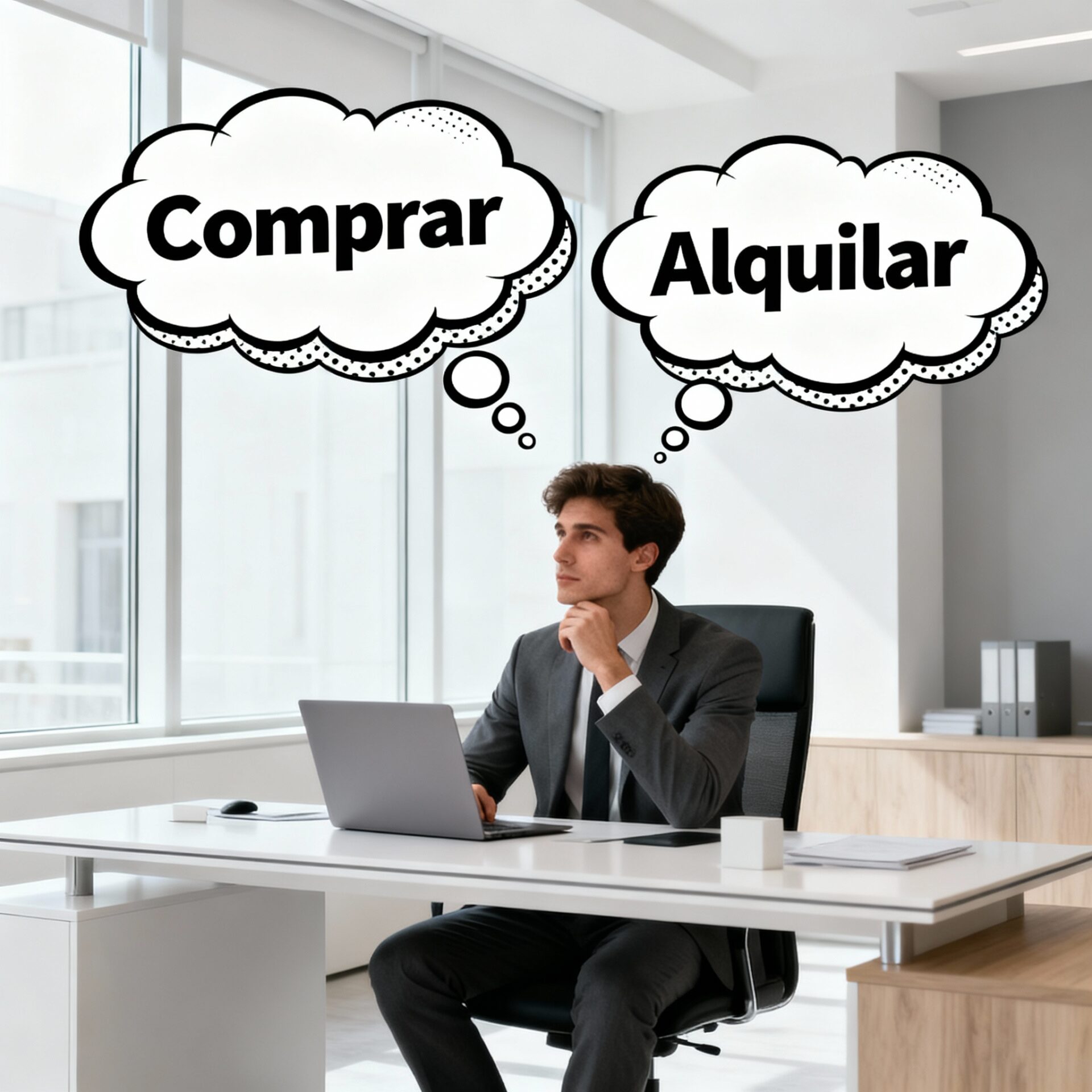 Hombre pensativo sentado frente a un ordenador en una oficina moderna con dos burbujas de pensamiento que dicen Comprar y Alquilar.