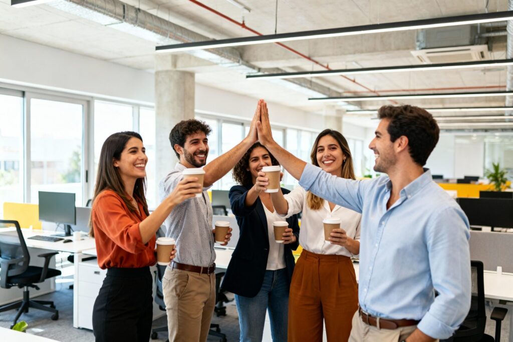 Equipo de trabajo celebrando juntos en una oficina moderna recién estrenada.