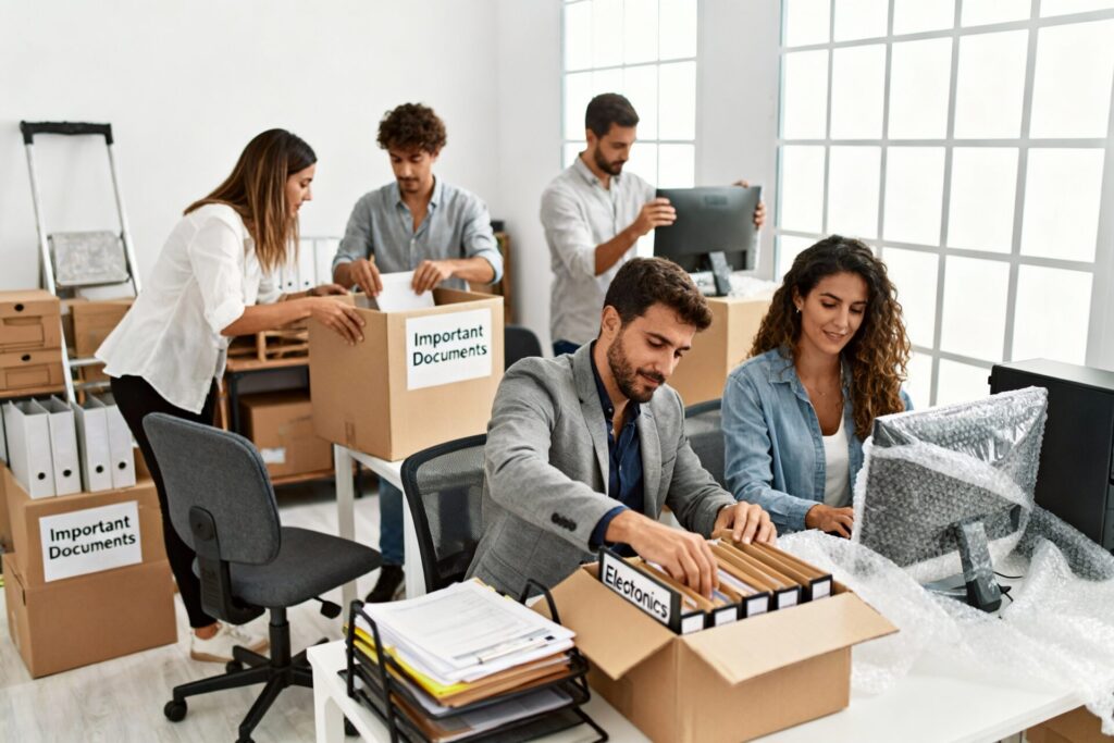 Trabajadores embalando cajas y equipos informáticos en una oficina luminosa.