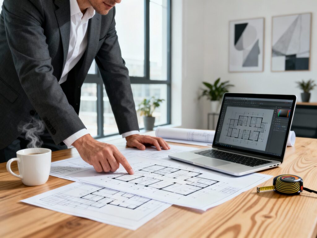 Profesional revisando planos sobre una mesa de oficina con un portátil y una cinta métrica, representando el cálculo de metros cuadrados de un espacio de trabajo.