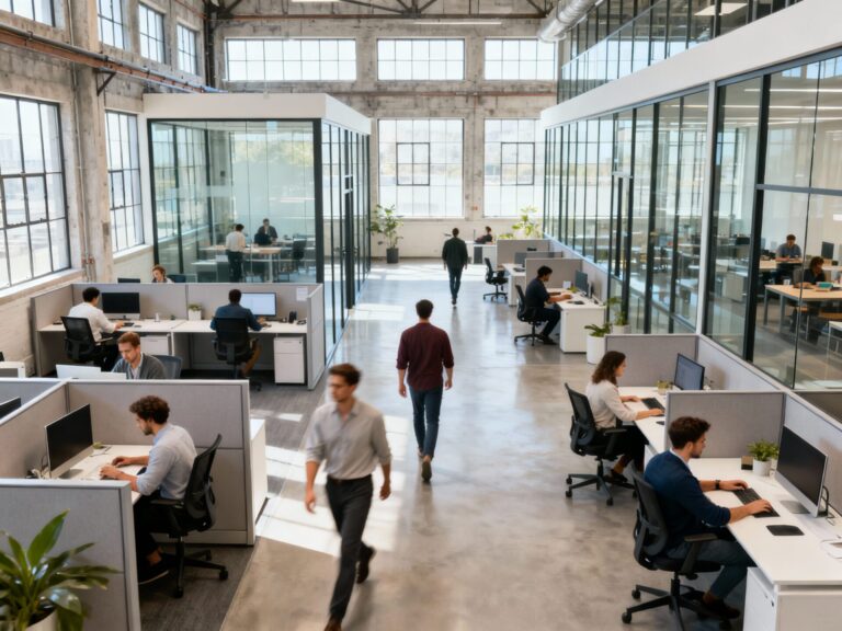 Oficina diáfana con luz natural, zonas abiertas de trabajo y espacios de reunión integrados en madera