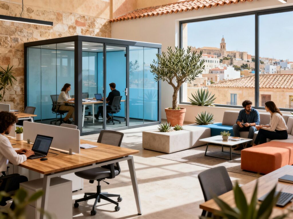 Oficina luminosa y diáfana con zonas de trabajo y reuniones, diseñada con elementos naturales y cristal.