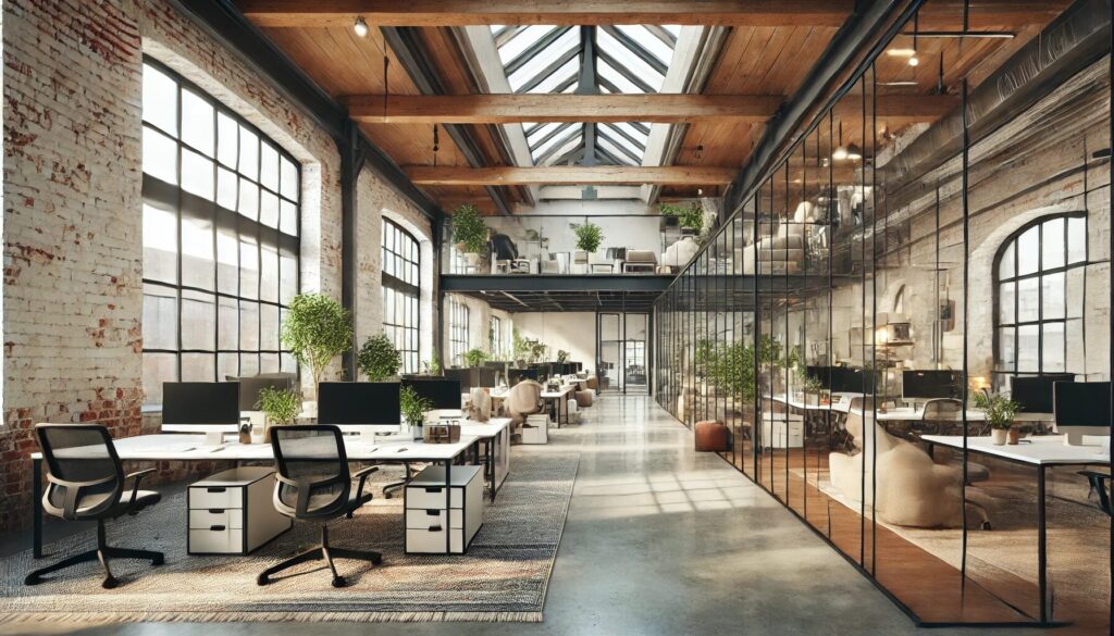 Espacio de trabajo con grandes ventanales, techo de madera, paredes de mahón vista. Imagen generada por IA