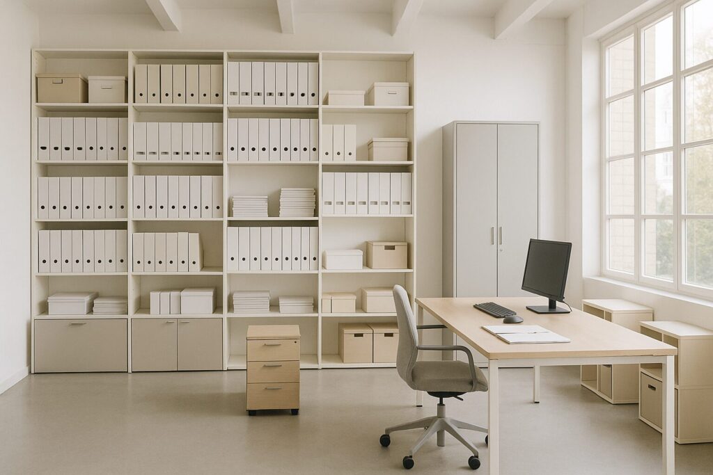 Oficina industrial lluminosa amb estanteries altes, mobiliari modular i finestrals grans.